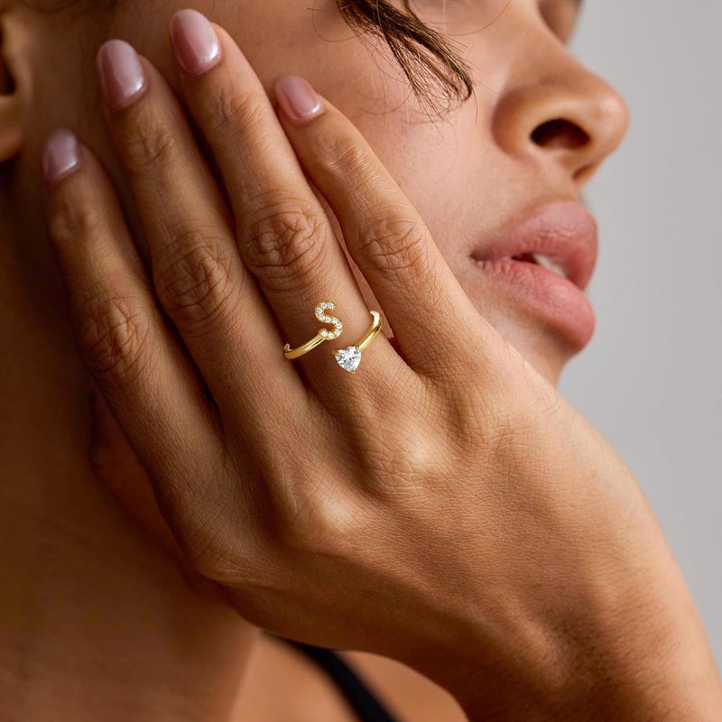 Treasure Bender Valentines Day Gifts Initial Gold Rings for Girls Women - Dainty 14K Gold Plated Adjustable Letter A-Z Rings Teen Girls Gifts Trendy Stuff Heart CZ Initial Ring Teens Birthday Gift - Image 3